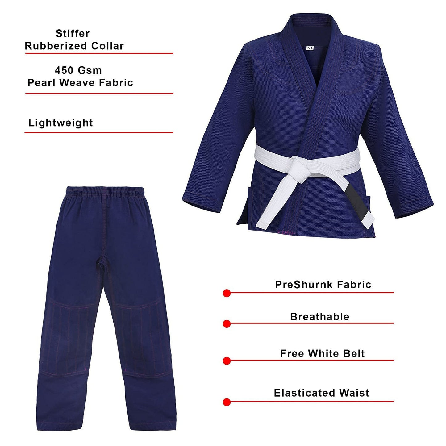 BJJ Gi for Men & Women Brazilian Jiu Jitsu GI Navy Blue Suit with Free Belt 450 GSM - RightPunch Sports