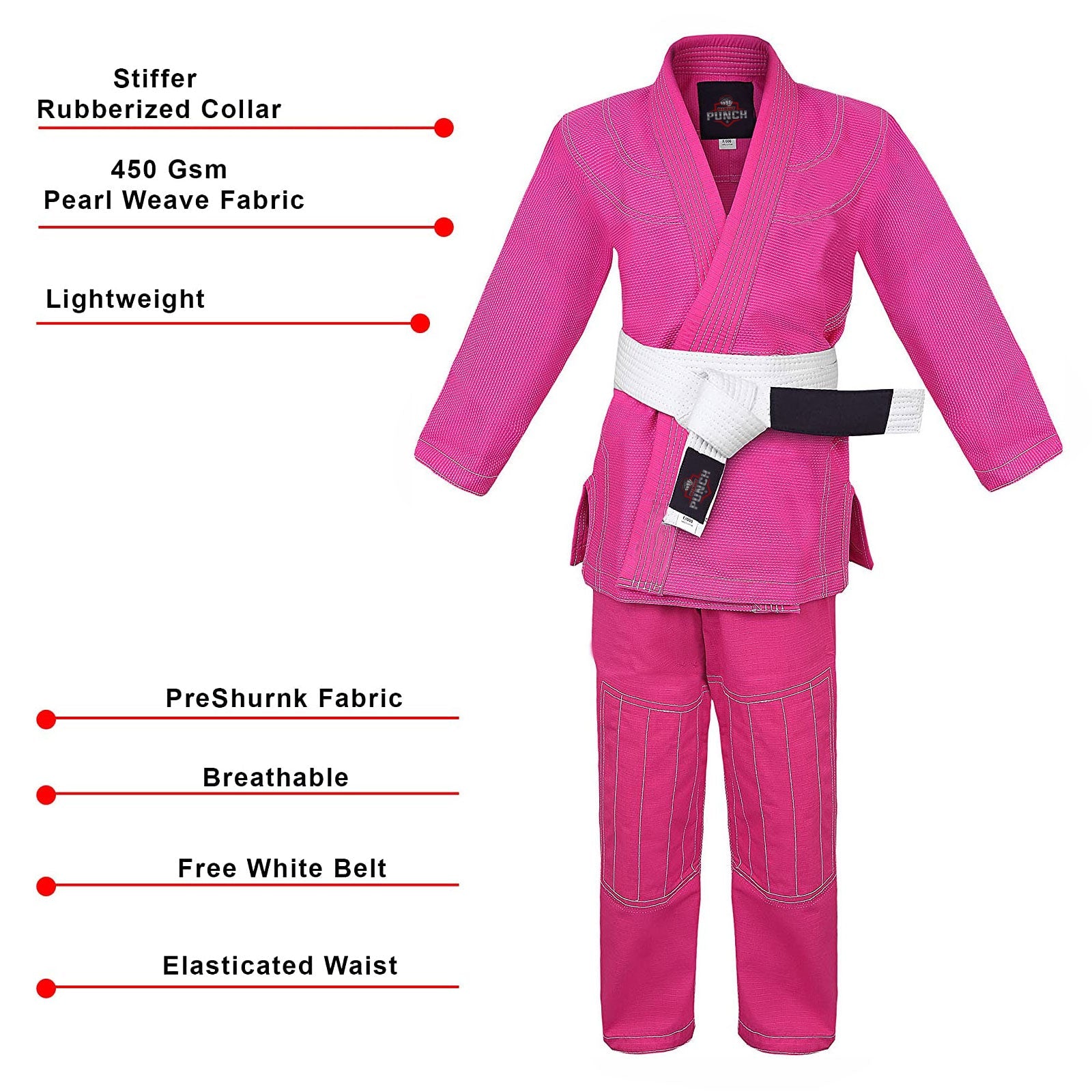 BJJ Gi for Men & Women Brazilian Jiu Jitsu GI Pink Suit with Free Belt 450 GSM - RightPunch Sports