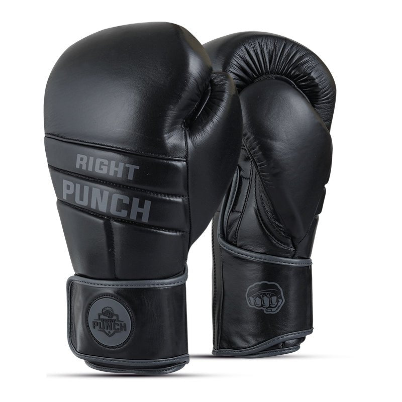 Black Genuine Leather Boxing Gloves - Real Leather Gloves - RightPunch Sports