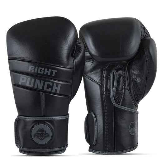 Black Genuine Leather Boxing Gloves - Real Leather Gloves - RightPunch Sports