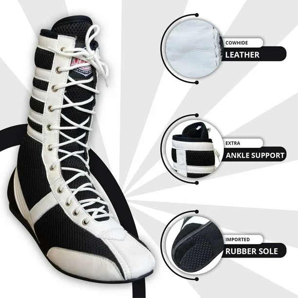 Long Boxing Shoes Anti Slip and Lightweight Black and White - RightPunch Sports