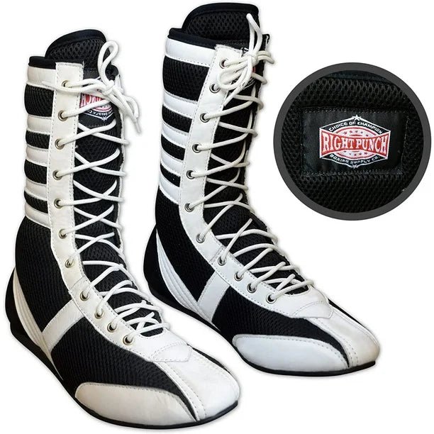 Long Boxing Shoes Anti Slip and Lightweight Black and White - RightPunch Sports