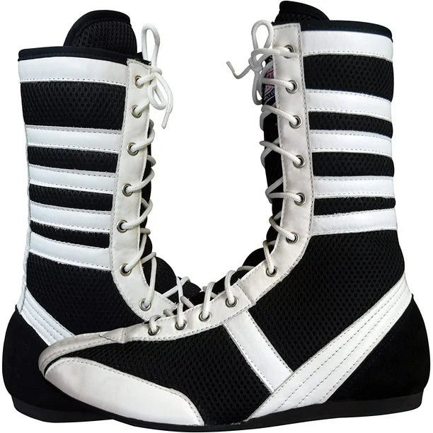 Long Boxing Shoes Anti Slip and Lightweight Black and White - RightPunch Sports