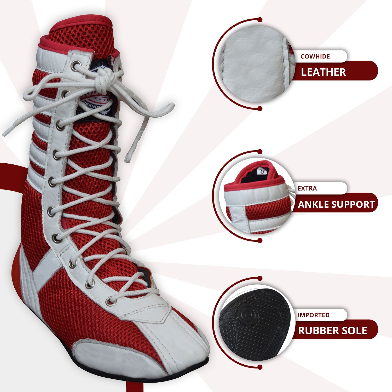 Long Boxing Shoes Anti Slip and Lightweight Red and White - RightPunch Sports