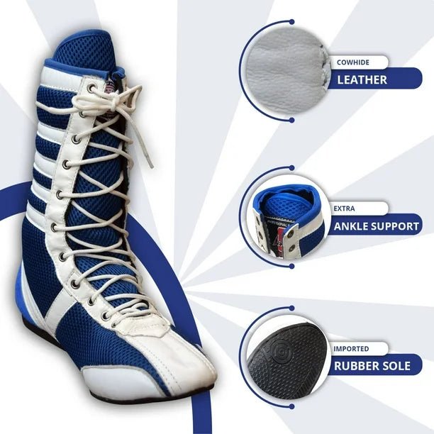 Long Boxing Shoes Anti Slip and Lightweight White and Blue - RightPunch Sports