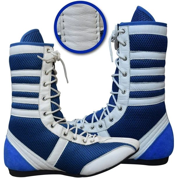 Long Boxing Shoes Anti Slip and Lightweight White and Blue - RightPunch Sports