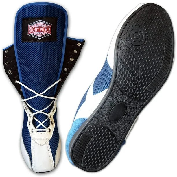 Long Boxing Shoes Anti Slip and Lightweight White and Blue - RightPunch Sports