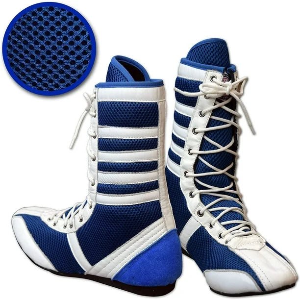 Long Boxing Shoes Anti Slip and Lightweight White and Blue - RightPunch Sports