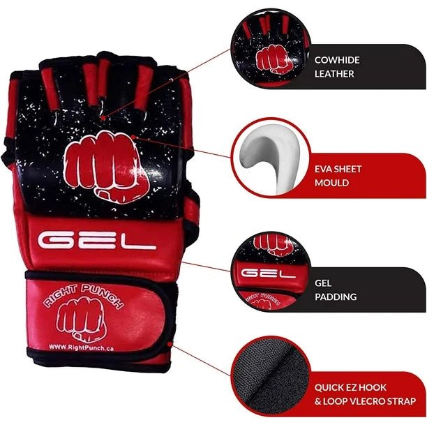 MMA Gloves Cowhide Leather RED Sparring Gloves - RightPunch Sports