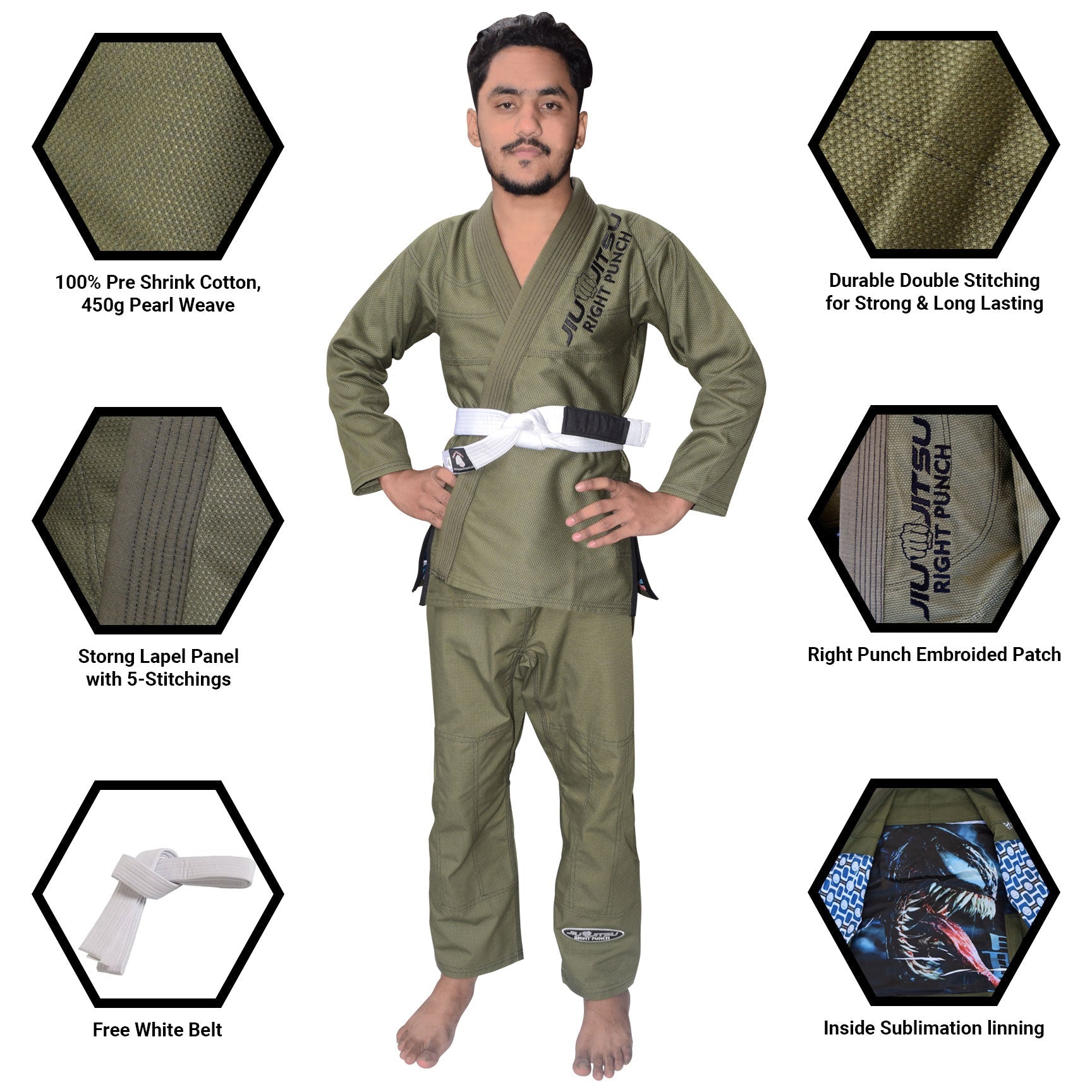 Olive Green Bjj Gi for Kids - Brazilian Jiu Jitsu for Kids With Free Belt - RightPunch Sports