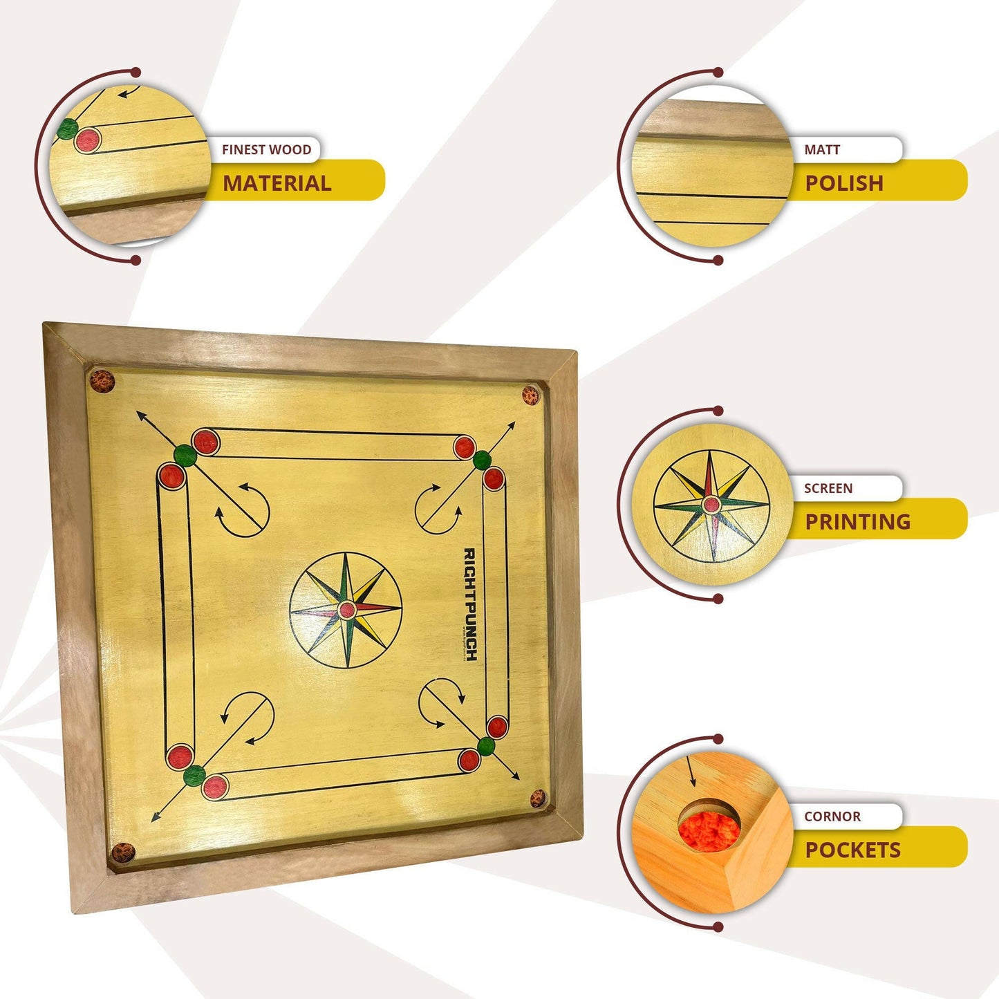 Right Punch Wooden Carrom Board Game Set with Coins, Queen, Striker, and Cue Sticks - RightPunch Sports