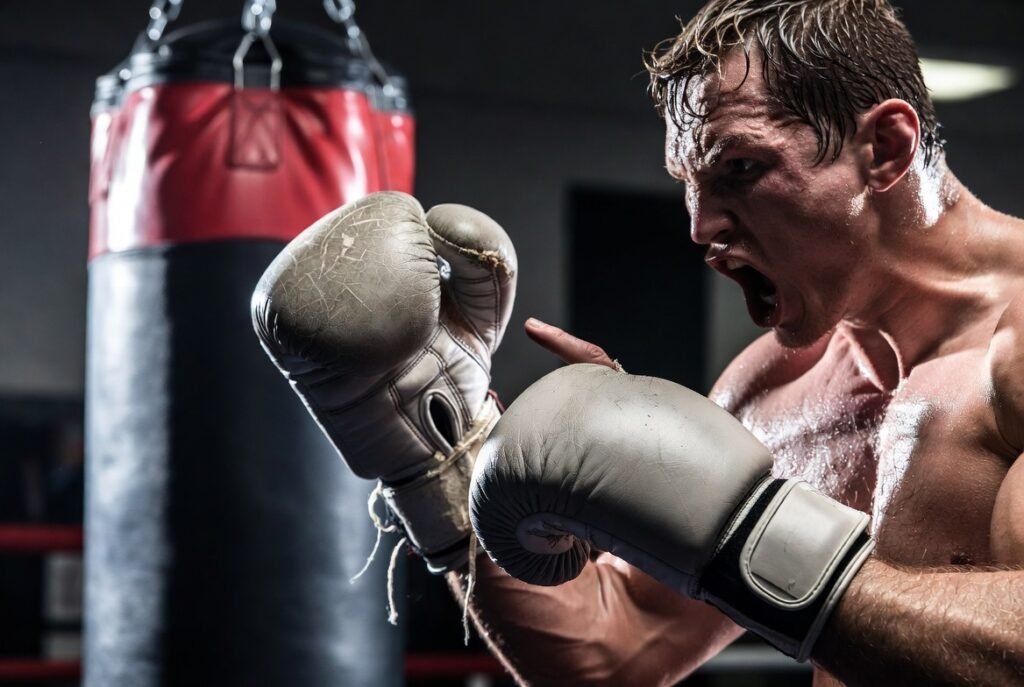 Boxer holding worn-out boxing gloves with cracked leather and damaged padding inside a professional boxing gym during training session.