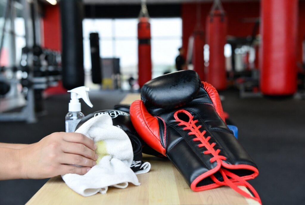 How to Clean Boxing Gloves & Remove Bad Smell |Top Guide 1 ## ALT TextBoxing gloves being cleaned with antibacterial spray and cloth in a professional gym to remove bad smell and bacteria